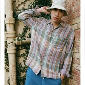 Urban Outfitters Double Cloth Plaid Button-Down Shirt Lavender Blue Gauze Medium
